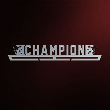 Champion Medal Hanger in laser-cut steel on a dark background