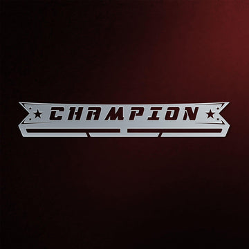 Champion Medal Hanger V2 in laser-cut steel on a dark background