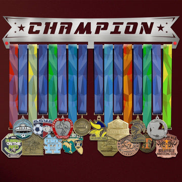 Champion Medal Hanger V2 holding a full row of medals on a wall
