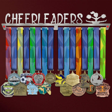 Cheerleading Medal Hanger holding a full row of medals on a wall