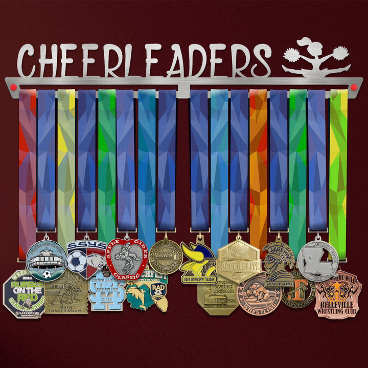 Cheerleading Medal Hanger holding a full row of medals on a wall
