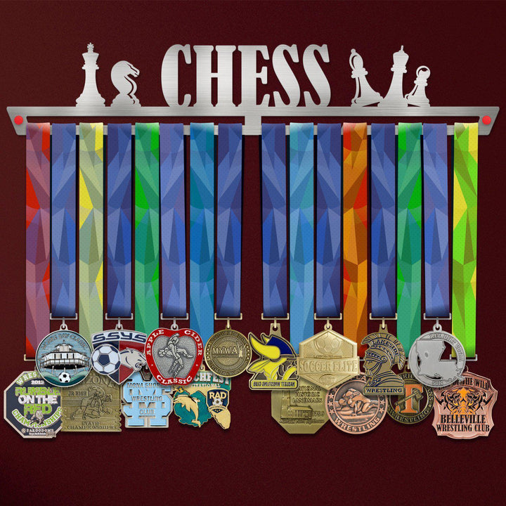 Chess Medal Hanger holding a full row of medals on a wall