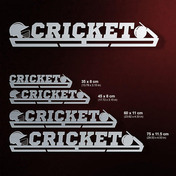 Cricket Medal Hanger shown in all available sizes with dimensions
