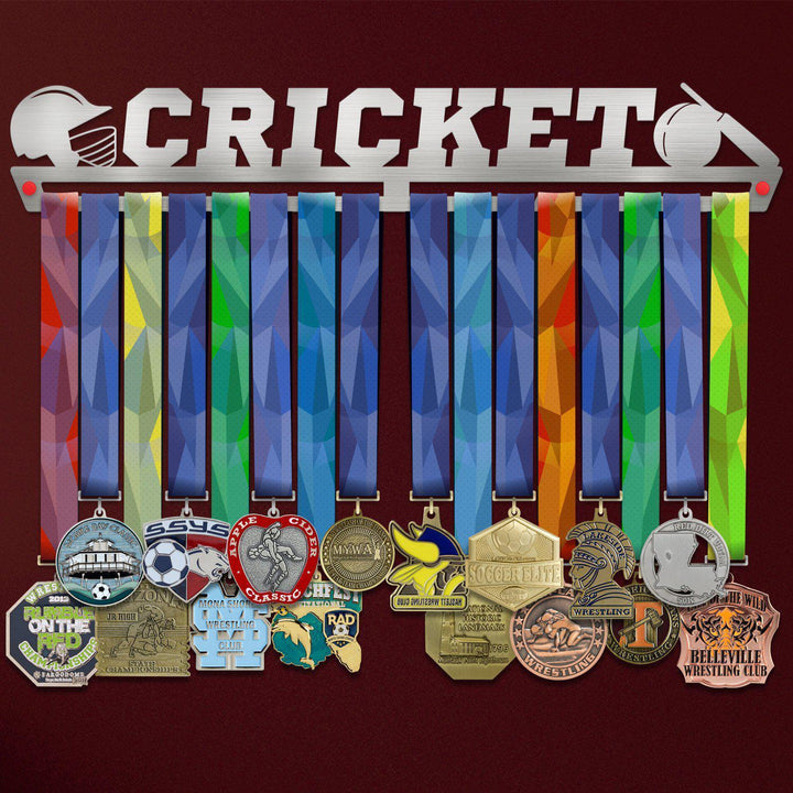 Cricket Medal Hanger holding a full row of medals on a wall