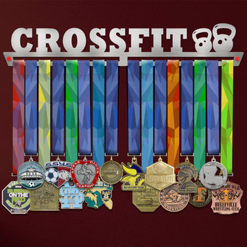 CrossFit Medal Hanger holding a full row of medals on a wall