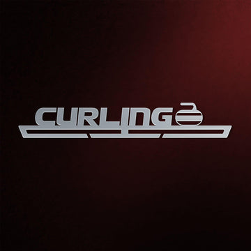 Curling Medal Hanger in laser-cut steel on a dark background
