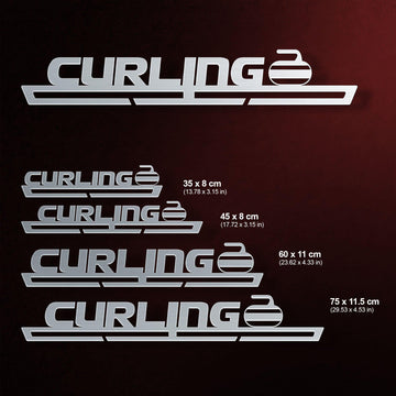 Curling Medal Hanger shown in all available sizes with dimensions