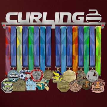 Curling Medal Hanger holding a full row of medals on a wall