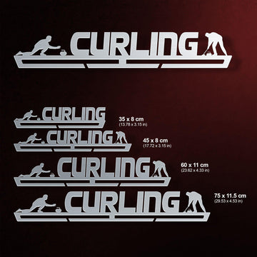 Curling Medal Hanger V2 shown in all available sizes with dimensions