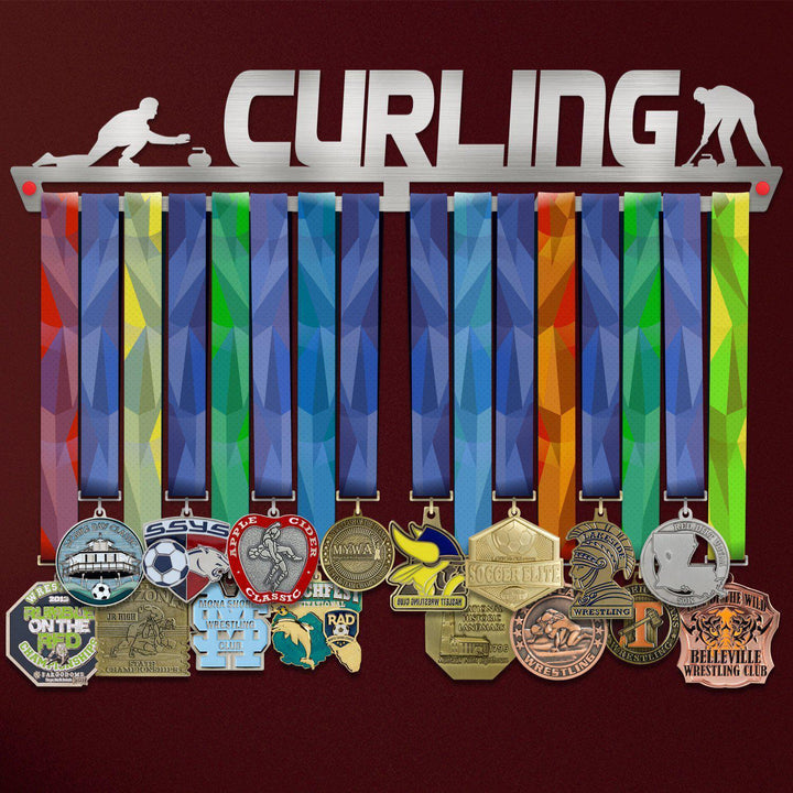 Curling Medal Hanger V2 holding a full row of medals on a wall