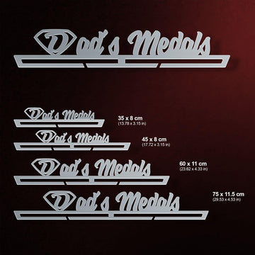 Dad's Medals Medal Hanger shown in all available sizes with dimensions