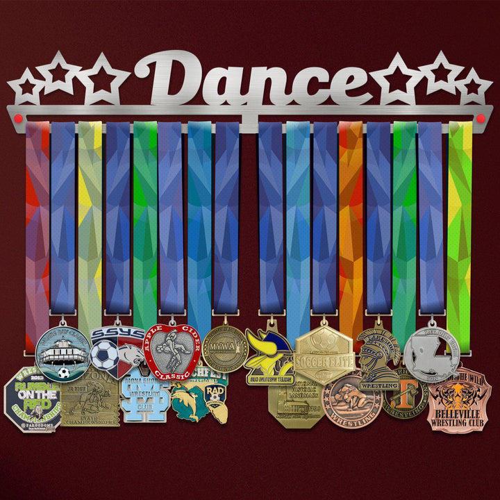 Dance Medal Hanger holding a full row of medals on a wall