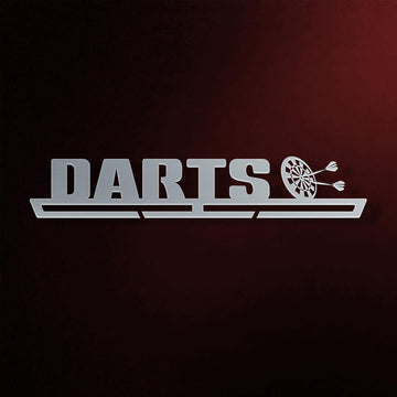 Darts Medal Hanger in laser-cut steel on a dark background