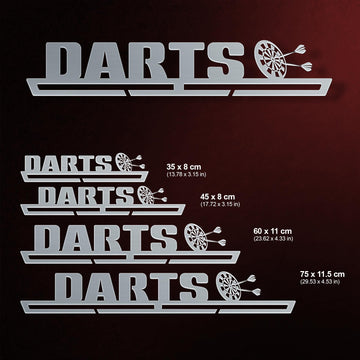 Darts Medal Hanger shown in all available sizes with dimensions