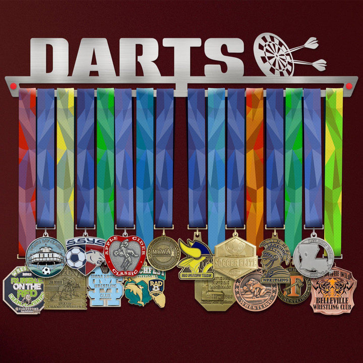 Darts Medal Hanger holding a full row of medals on a wall