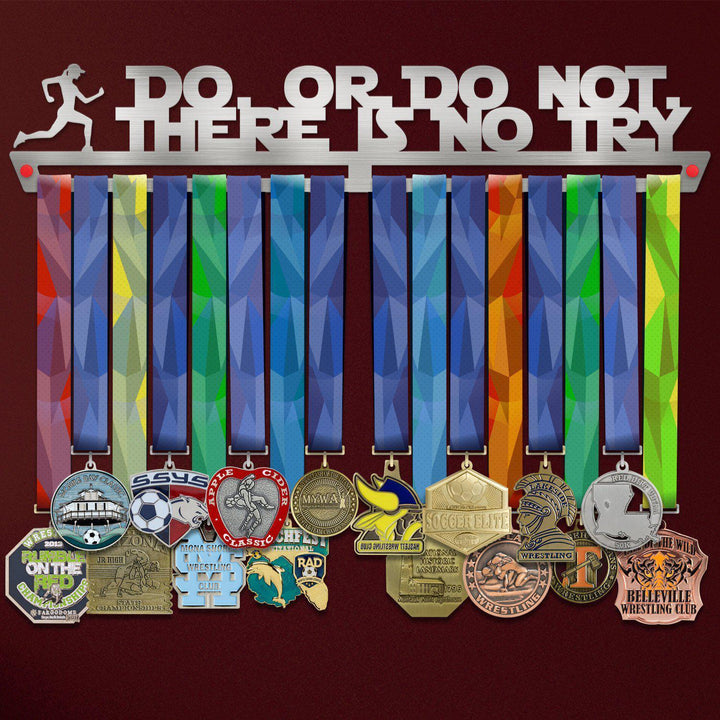 Women's Do Or Do Not Medal Hanger holding a full row of medals on a wall