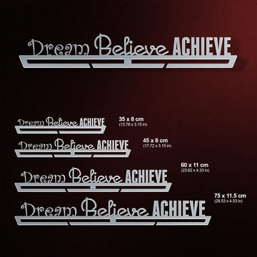 Dream Believe Achieve Medal Hanger shown in all available sizes with dimensions