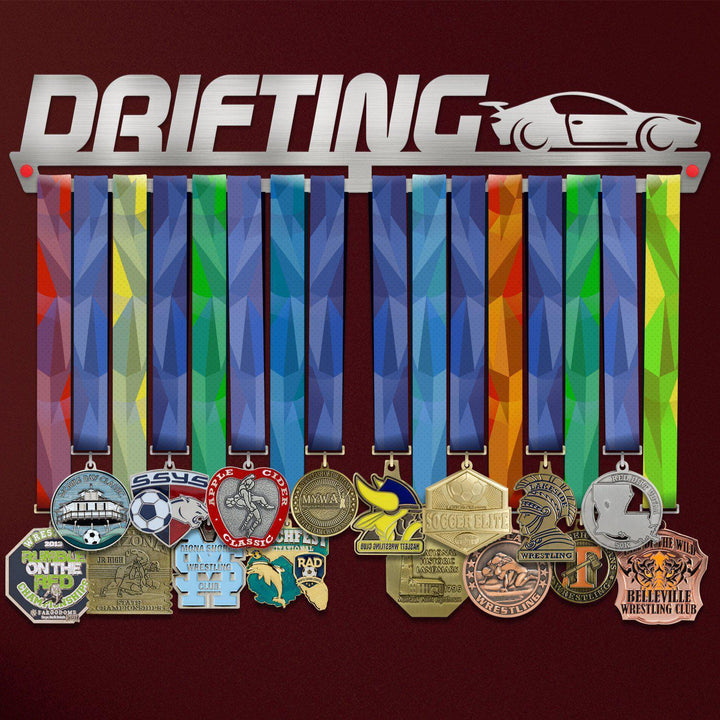 Drifting Medal Hanger holding a full row of medals on a wall