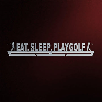 Eat Sleep Play Golf Medal Hanger in laser-cut steel on a dark background