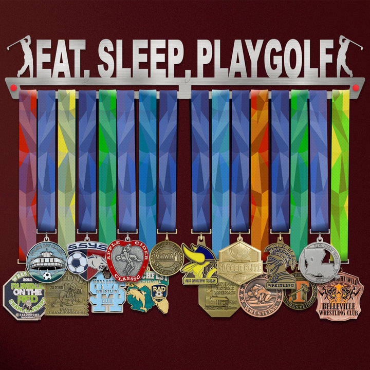 Eat Sleep Play Golf Medal Hanger holding a full row of medals on a wall