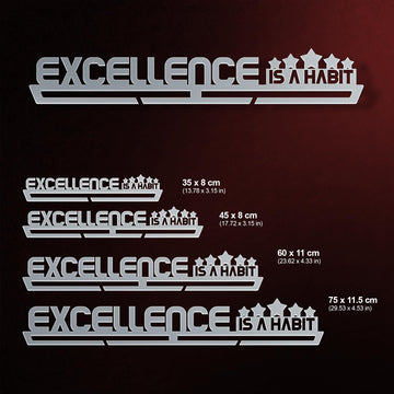 Excellence Is A Habit Medal Hanger shown in all available sizes with dimensions