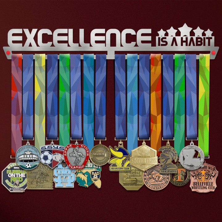 Excellence Is A Habit Medal Hanger holding a full row of medals on a wall