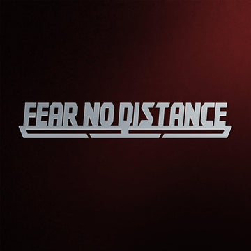 Fear No Distance Medal Hanger in laser-cut steel on a dark background