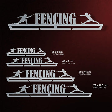 Fencing Medal Hanger shown in all available sizes with dimensions