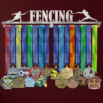 Fencing Medal Hanger holding a full row of medals on a wall