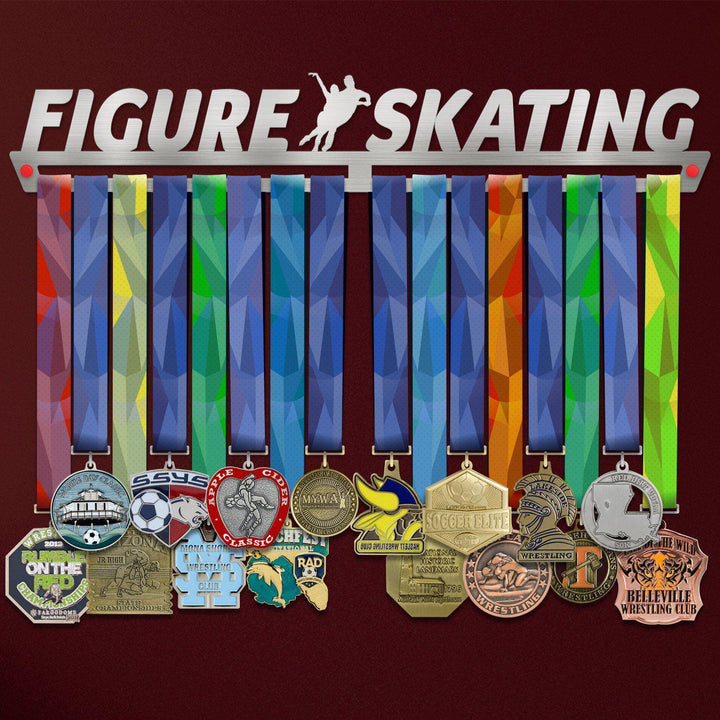 Figure Skating Medal Hanger holding a full row of medals on a wall
