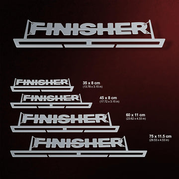 Finisher Medal Hanger shown in all available sizes with dimensions