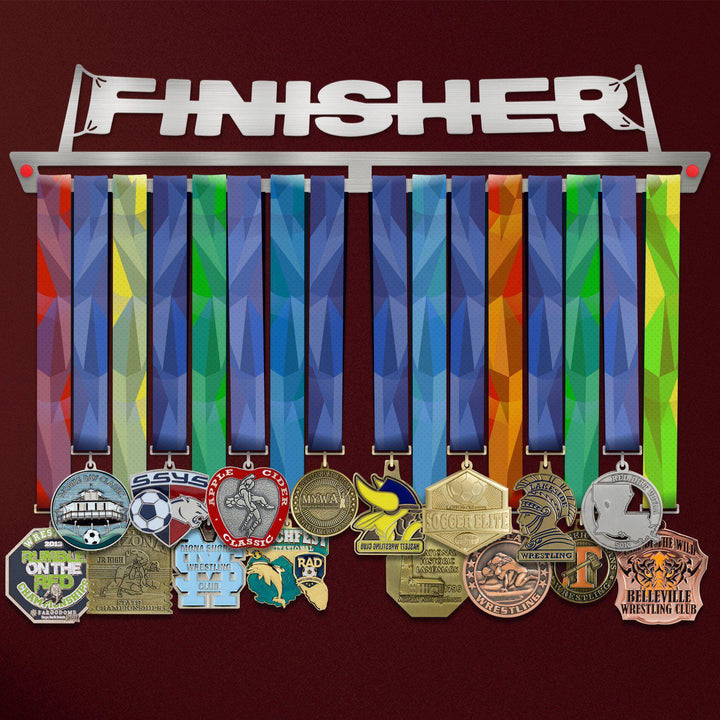 Finisher Medal Hanger holding a full row of medals on a wall