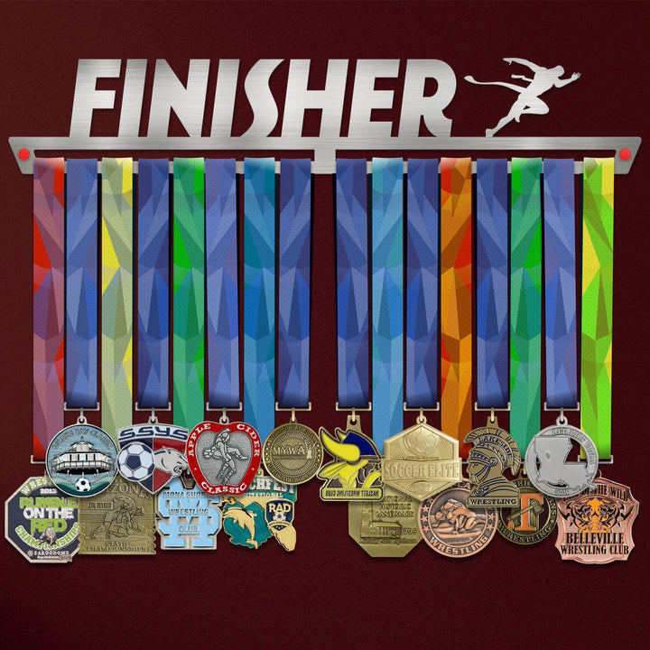 Finisher Medal Hanger V2 holding a full row of medals on a wall