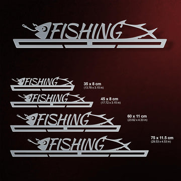 Fishing Medal Hanger shown in all available sizes with dimensions
