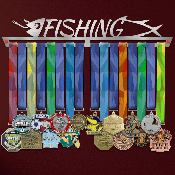 Fishing Medal Hanger holding a full row of medals on a wall