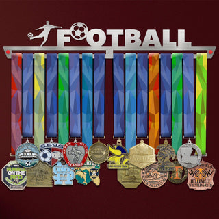 Football Medal Hanger holding a full row of medals on a wall