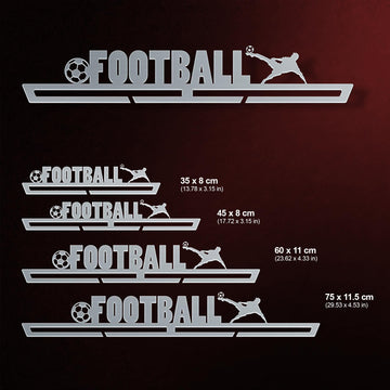 Football Medal Hanger V2 shown in all available sizes with dimensions