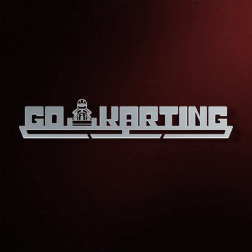 Go Karting Medal Hanger in laser-cut steel on a dark background