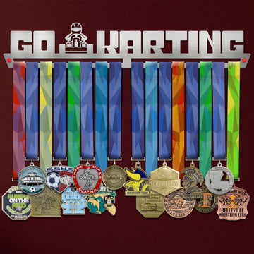 Go Karting Medal Hanger holding a full row of medals on a wall