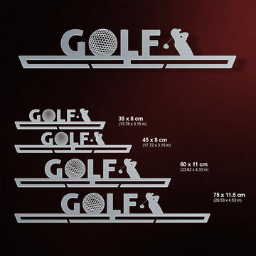 Golf Medal Hanger shown in all available sizes with dimensions
