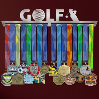 Golf Medal Hanger holding a full row of medals on a wall