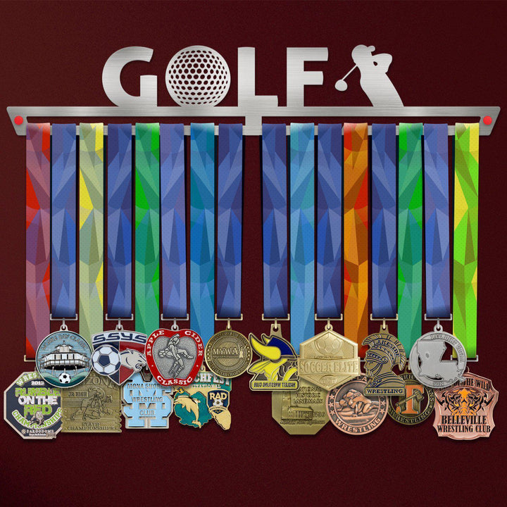 Golf Medal Hanger holding a full row of medals on a wall