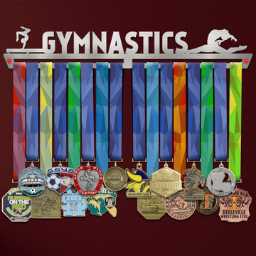 Women's Gymnastics Medal Hanger V2 holding a full row of medals on a wall