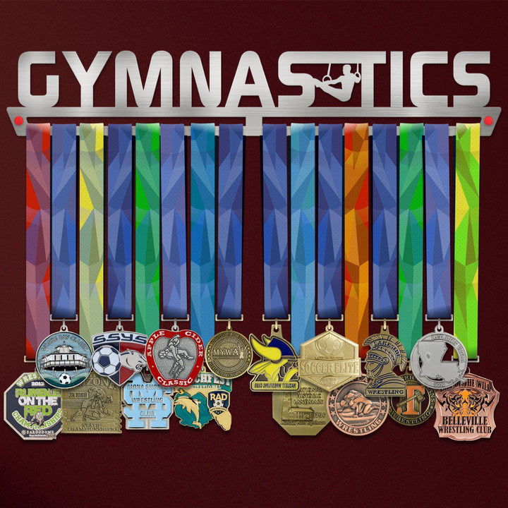Men's Gymnastics Medal Hanger holding a full row of medals on a wall