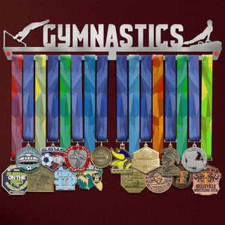 Men's Gymnastics Medal Hanger V2 holding a full row of medals on a wall