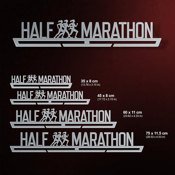 Half Marathon Medal Hanger shown in all available sizes with dimensions