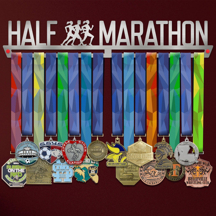 Half Marathon Medal Hanger holding a full row of medals on a wall