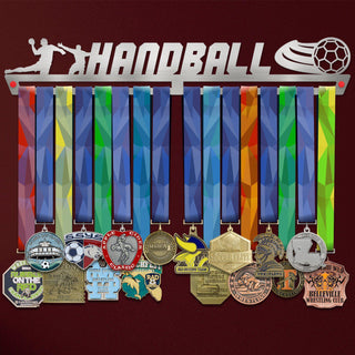 Men's Handball Medal Hanger holding a full row of medals on a wall