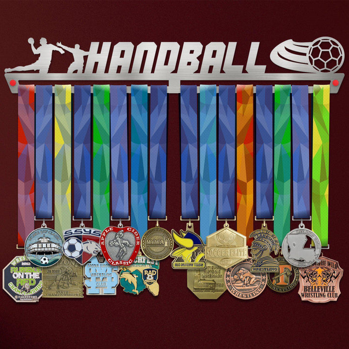 Men's Handball Medal Hanger holding a full row of medals on a wall