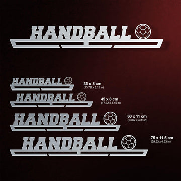 Handball Medal Hanger shown in all available sizes with dimensions